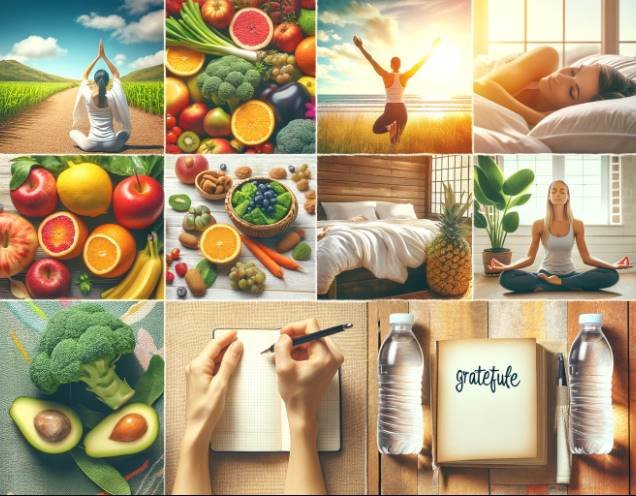 Collage featuring fresh fruits, exercise, yoga, a serene sleeping area, a water bottle, and journaling, representing a holistic approach to a healthy lifestyle